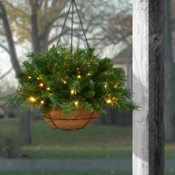 20 in. Pre-Lit Tiffany Fir Hanging Basket with Warm White LED Lights