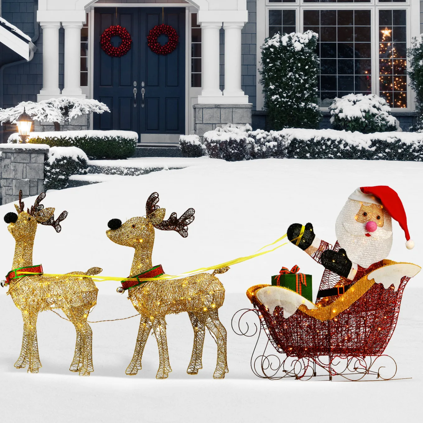 34 in. Santa and Reindeer with Clear Lights