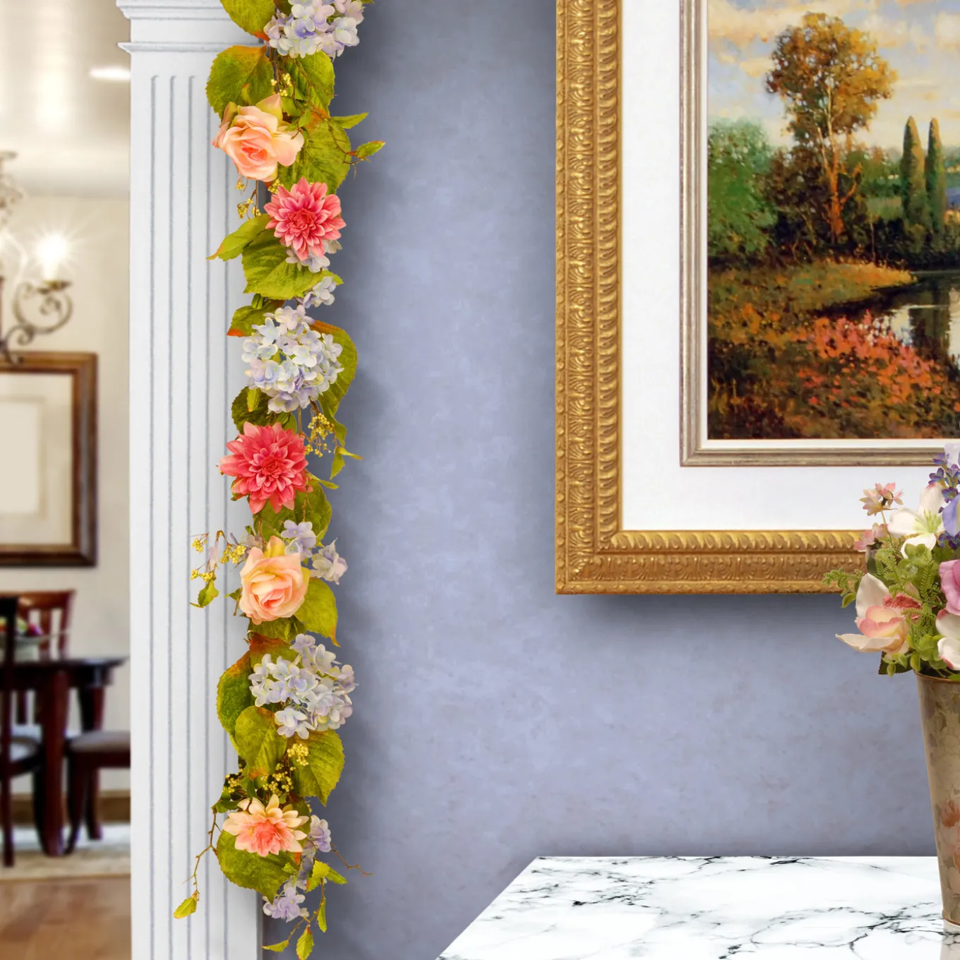 70 in. Spring Garland with Multicolor Hydrangea, Rose and Dahlia Blooms, Berry Clusters, Leafy Greens