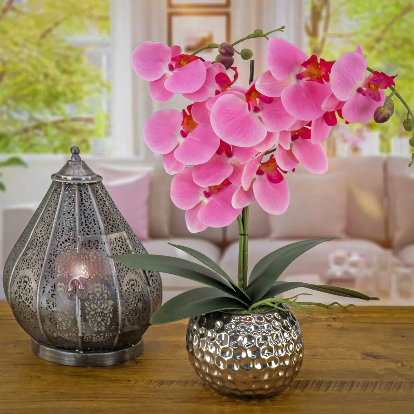21 in. Spring Pink Orchid in Silver Smooth Ceramic Pot