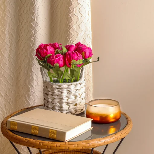 10 in. Spring Pink Peony Flower Bouquet in White Basket