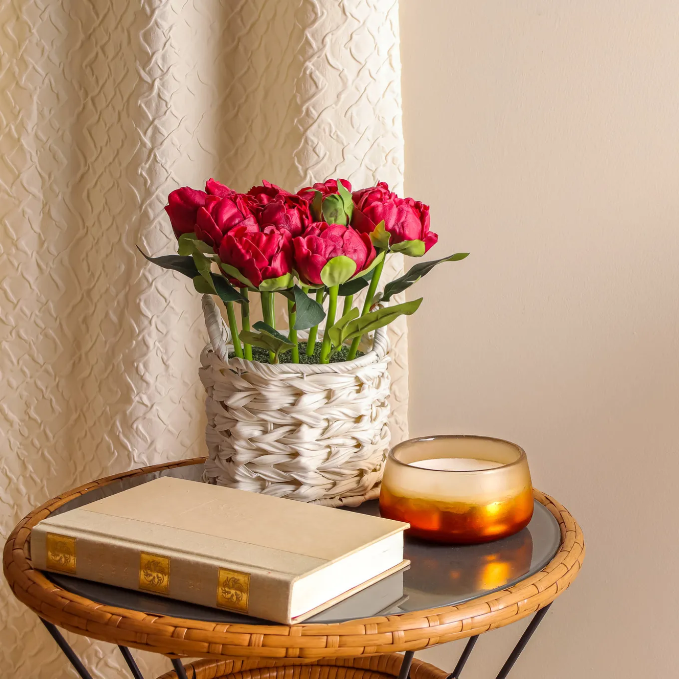 10 in. Spring Red Peony Flower Bouquet in White Basket