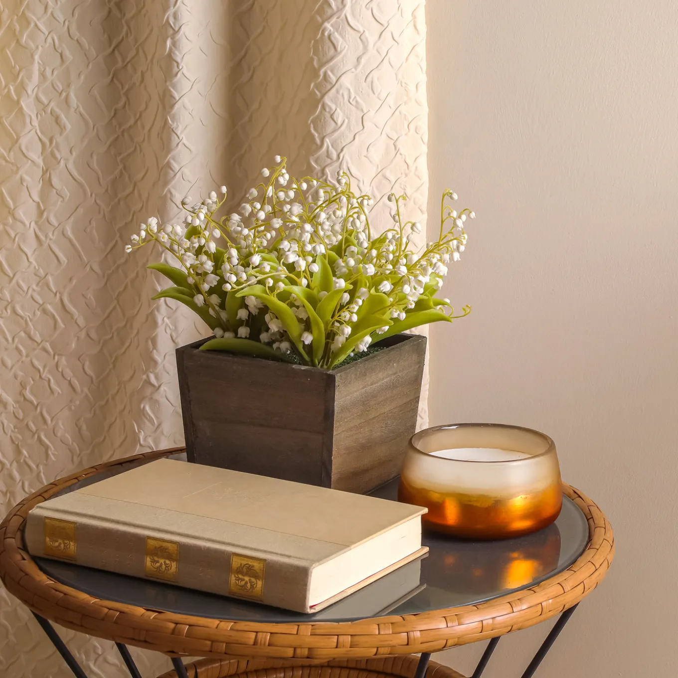 10 in. Spring White Lily-of-the-Valley Flowers in Wood Box