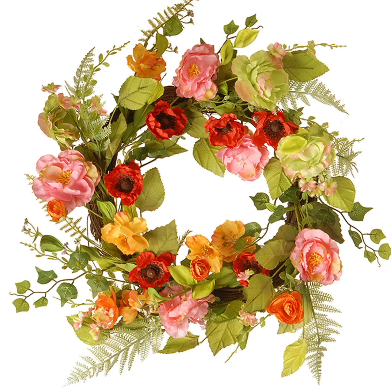 22 in. Spring Wreath with Assorted Flowers, Fern Fronds, and Leafy Greens