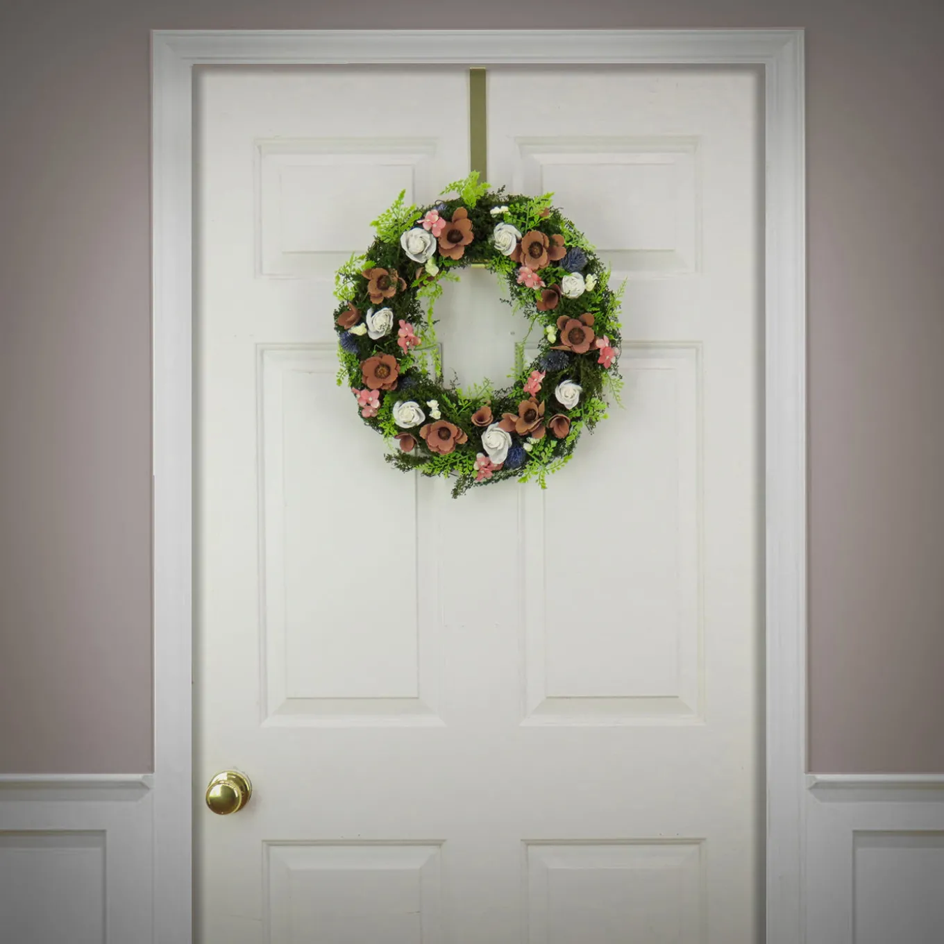 18 in. Spring Wreath with Assorted Flower Blooms, Roses, Seed Pods, Flowing Green Stems