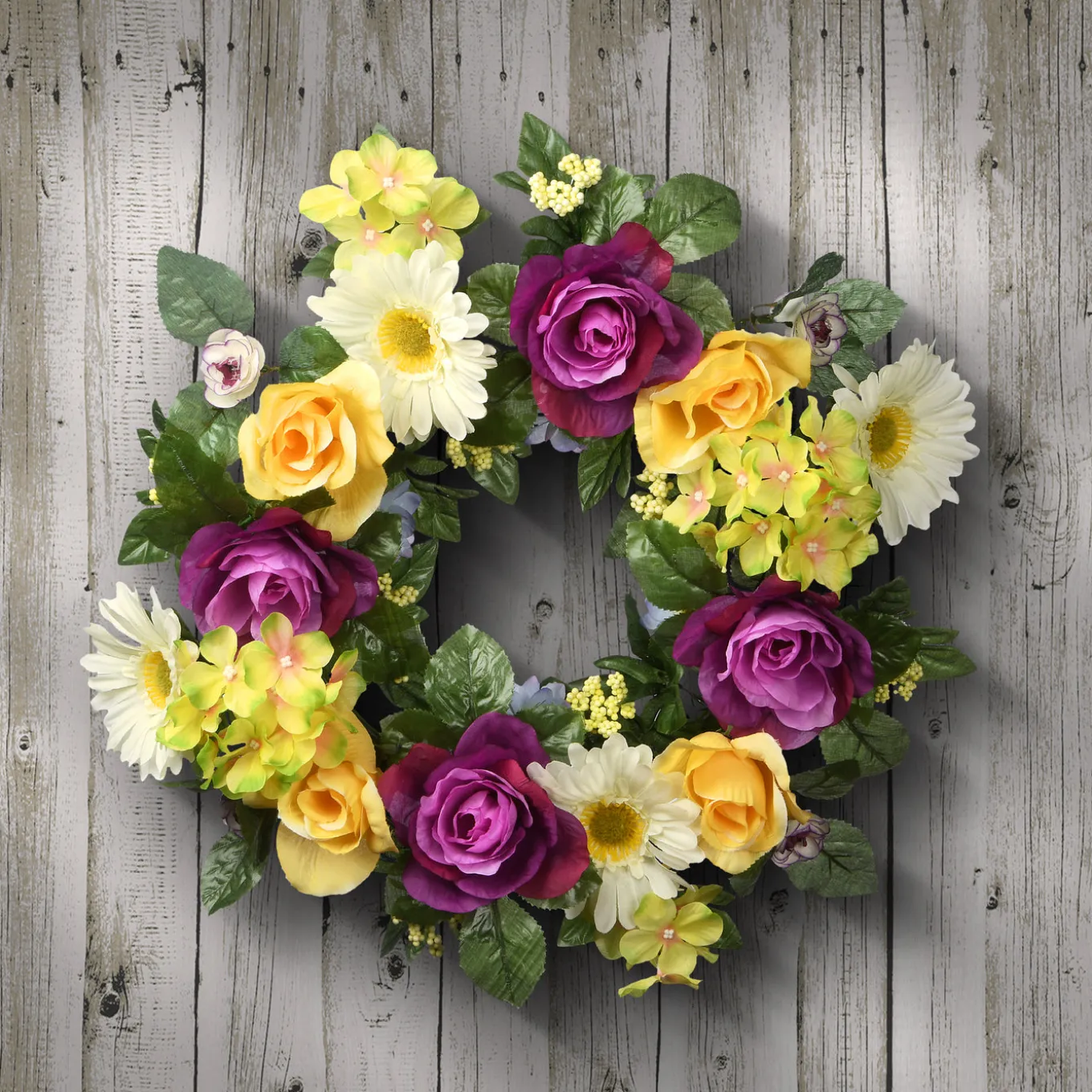 18 in. Spring Wreath with Colorful Daisies, Hydrangeas, Roses, Leafy Greens