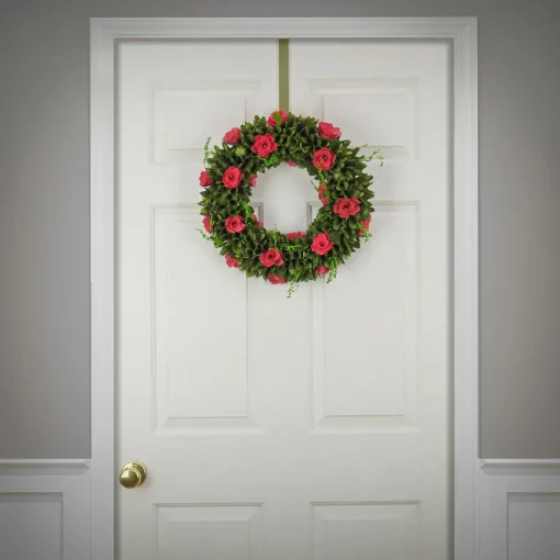 18 in. Spring Wreath with Green Assorted Flower Blooms, Seed Pods, Flowing Green Stems