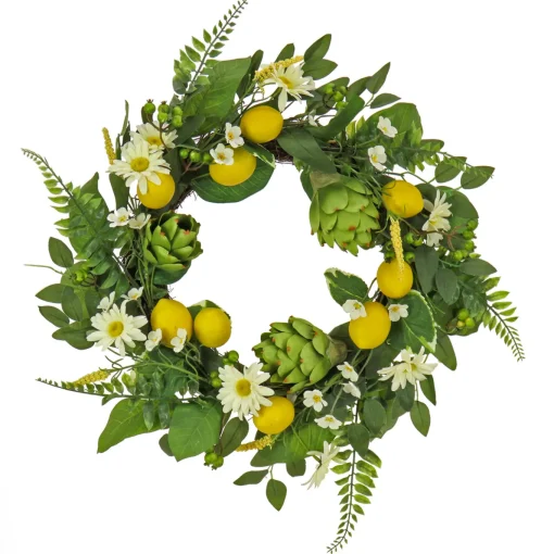22 in. Spring Wreath with Lemons, Artichokes, Daisy Blooms, Leafy Greens