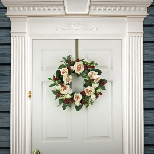 22 in. Spring Wreath with Peony Flowers, Raspberries, and Leafy Greens