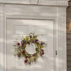 22 in. Spring Wreath with Purple Pansy and Poppy Flowers, Seed Pods, Leafy Greens