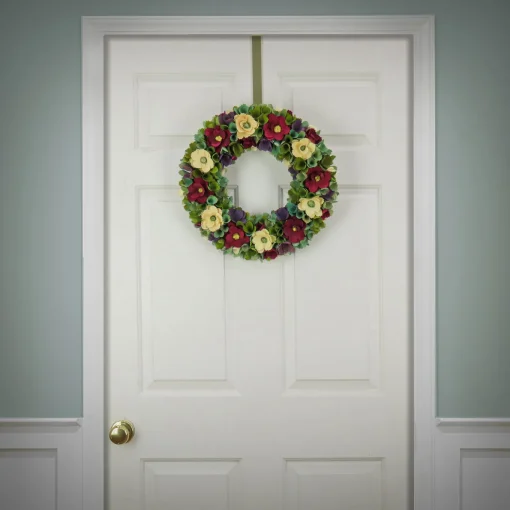 18 in. Spring Wreath with Red and Cream Assorted Wood Cut Flowers, Flowing Green Leaves