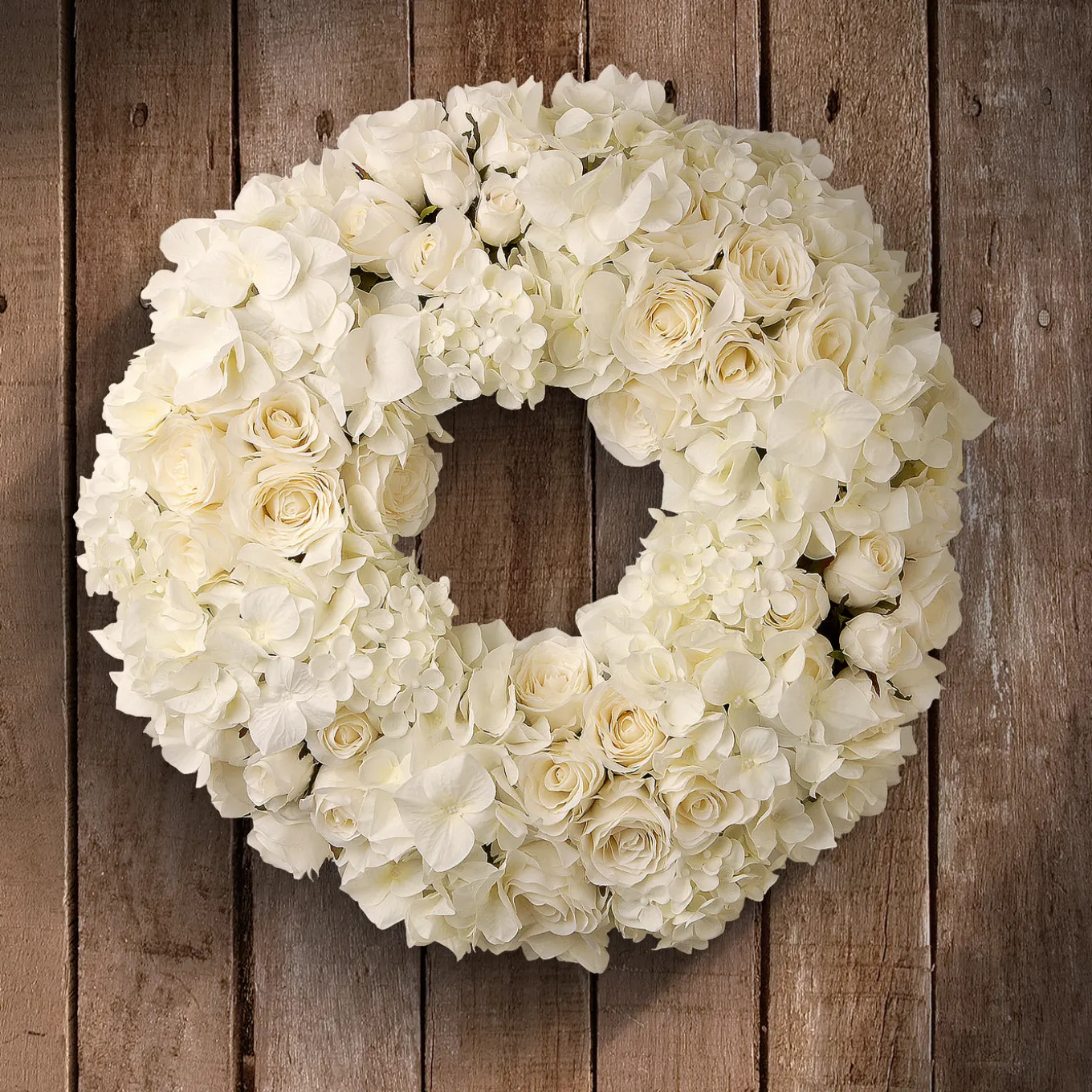 18 in. Valentine's White Roses and Hydrangea Blooms Floral Wreath