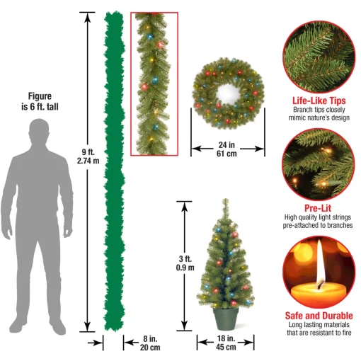 Pre-Lit Promotional Green Assortment Set of 2 Entrance Trees, 1 Wreath, 1 Garland